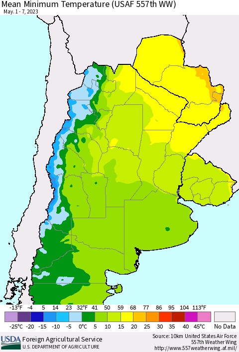 Southern South America Mean Minimum Temperature (USAF 557th WW) Thematic Map For 5/1/2023 - 5/7/2023