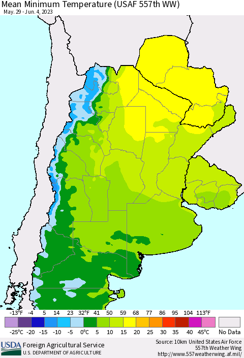 Southern South America Mean Minimum Temperature (USAF 557th WW) Thematic Map For 5/29/2023 - 6/4/2023