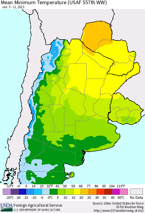 Southern South America Mean Minimum Temperature (USAF 557th WW) Thematic Map For 6/5/2023 - 6/11/2023