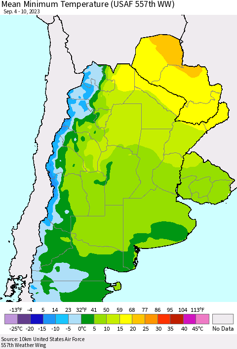 Southern South America Mean Minimum Temperature (USAF 557th WW) Thematic Map For 9/4/2023 - 9/10/2023