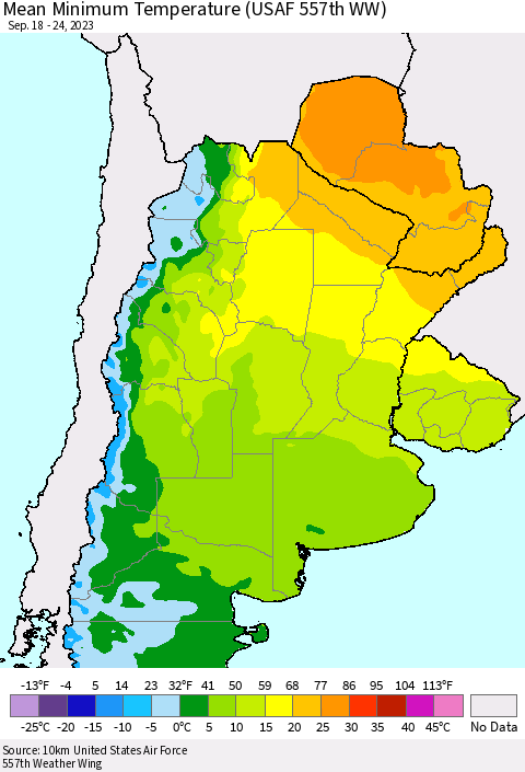 Southern South America Mean Minimum Temperature (USAF 557th WW) Thematic Map For 9/18/2023 - 9/24/2023