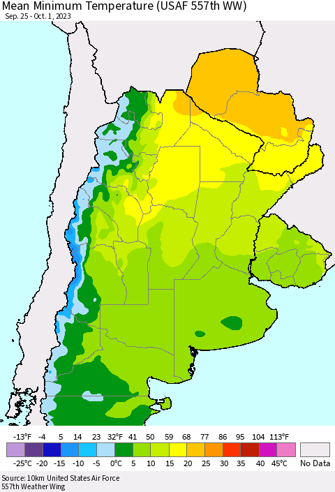 Southern South America Mean Minimum Temperature (USAF 557th WW) Thematic Map For 9/25/2023 - 10/1/2023