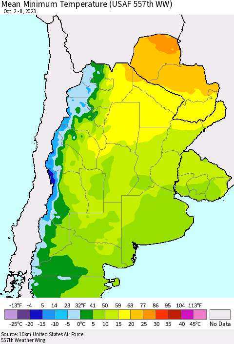Southern South America Mean Minimum Temperature (USAF 557th WW) Thematic Map For 10/2/2023 - 10/8/2023