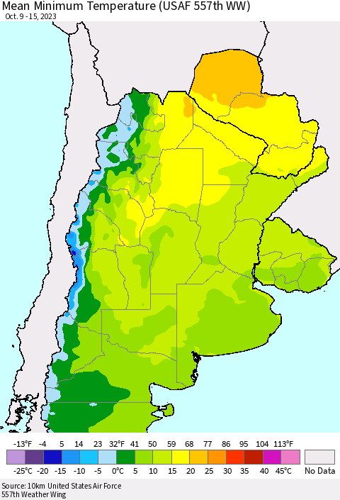 Southern South America Mean Minimum Temperature (USAF 557th WW) Thematic Map For 10/9/2023 - 10/15/2023