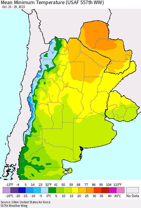 Southern South America Mean Minimum Temperature (USAF 557th WW) Thematic Map For 10/23/2023 - 10/29/2023