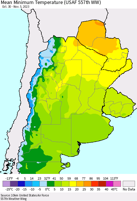 Southern South America Mean Minimum Temperature (USAF 557th WW) Thematic Map For 10/30/2023 - 11/5/2023