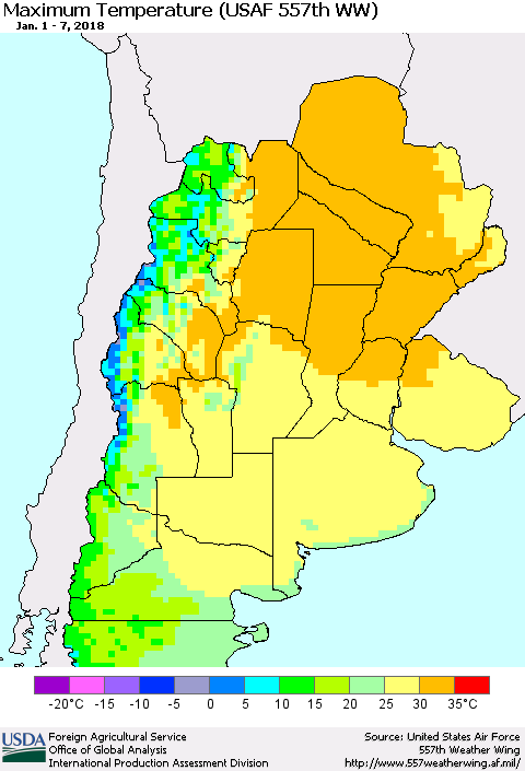 Southern South America Mean Maximum Temperature (USAF 557th WW) Thematic Map For 1/1/2018 - 1/7/2018