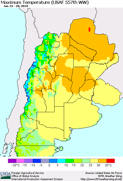 Southern South America Mean Maximum Temperature (USAF 557th WW) Thematic Map For 1/22/2018 - 1/28/2018