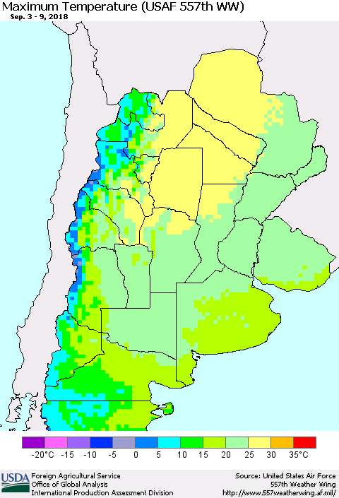 Southern South America Mean Maximum Temperature (USAF 557th WW) Thematic Map For 9/3/2018 - 9/9/2018