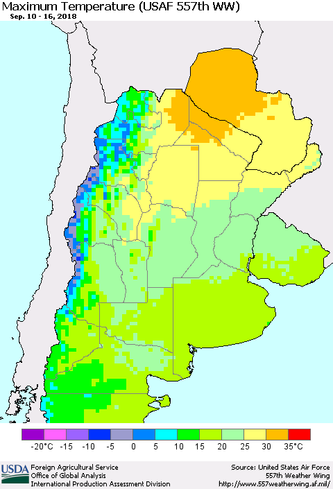 Southern South America Mean Maximum Temperature (USAF 557th WW) Thematic Map For 9/10/2018 - 9/16/2018