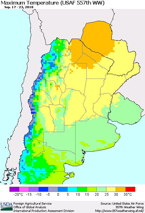 Southern South America Mean Maximum Temperature (USAF 557th WW) Thematic Map For 9/17/2018 - 9/23/2018
