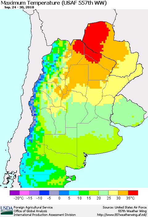 Southern South America Mean Maximum Temperature (USAF 557th WW) Thematic Map For 9/24/2018 - 9/30/2018