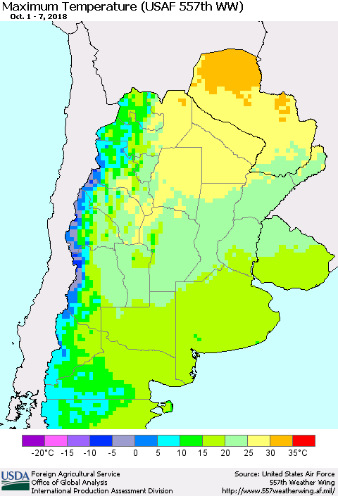 Southern South America Mean Maximum Temperature (USAF 557th WW) Thematic Map For 10/1/2018 - 10/7/2018