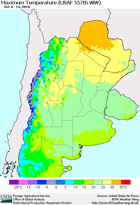 Southern South America Mean Maximum Temperature (USAF 557th WW) Thematic Map For 10/8/2018 - 10/14/2018