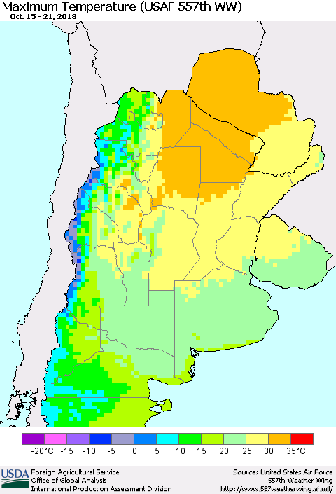 Southern South America Mean Maximum Temperature (USAF 557th WW) Thematic Map For 10/15/2018 - 10/21/2018