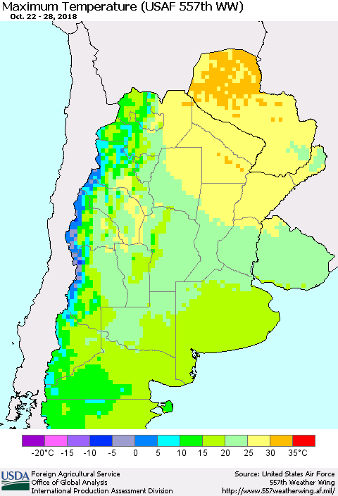 Southern South America Mean Maximum Temperature (USAF 557th WW) Thematic Map For 10/22/2018 - 10/28/2018