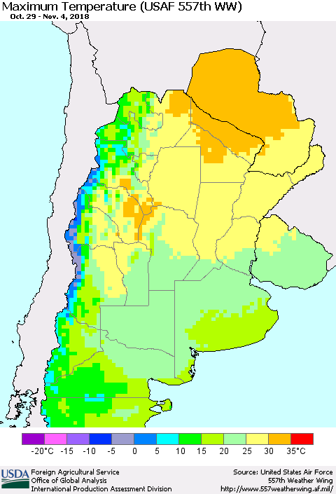 Southern South America Mean Maximum Temperature (USAF 557th WW) Thematic Map For 10/29/2018 - 11/4/2018
