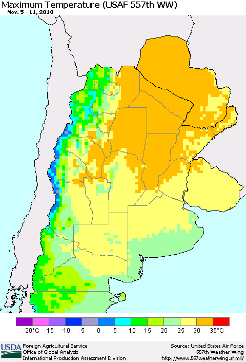 Southern South America Mean Maximum Temperature (USAF 557th WW) Thematic Map For 11/5/2018 - 11/11/2018
