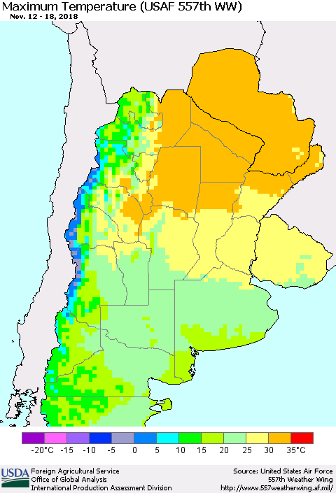 Southern South America Mean Maximum Temperature (USAF 557th WW) Thematic Map For 11/12/2018 - 11/18/2018
