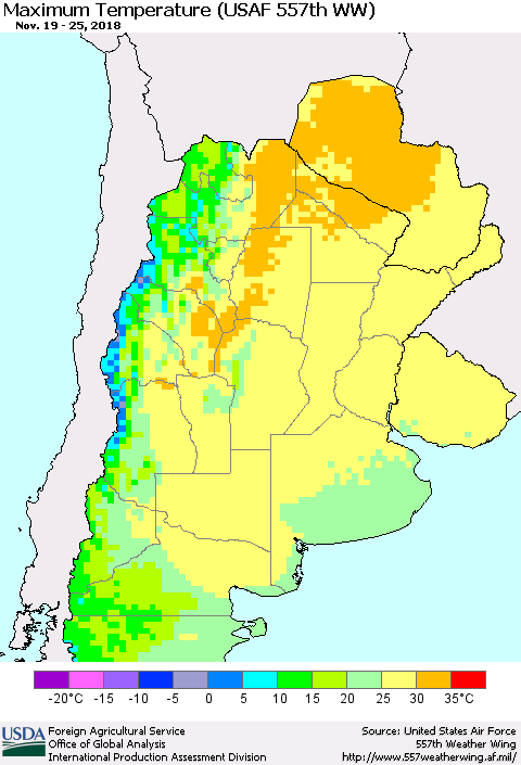 Southern South America Mean Maximum Temperature (USAF 557th WW) Thematic Map For 11/19/2018 - 11/25/2018