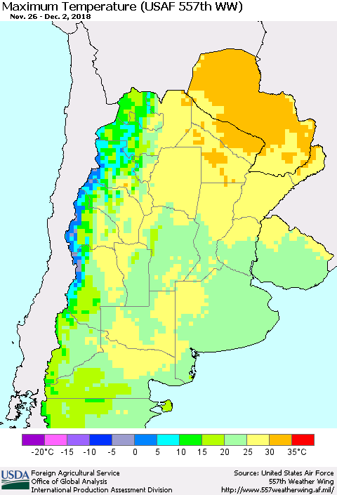 Southern South America Mean Maximum Temperature (USAF 557th WW) Thematic Map For 11/26/2018 - 12/2/2018