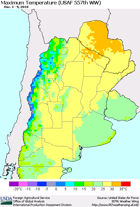 Southern South America Mean Maximum Temperature (USAF 557th WW) Thematic Map For 12/3/2018 - 12/9/2018