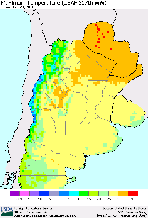 Southern South America Mean Maximum Temperature (USAF 557th WW) Thematic Map For 12/17/2018 - 12/23/2018