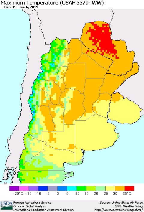 Southern South America Mean Maximum Temperature (USAF 557th WW) Thematic Map For 12/31/2018 - 1/6/2019