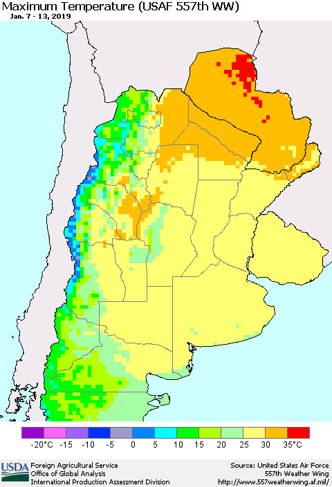 Southern South America Mean Maximum Temperature (USAF 557th WW) Thematic Map For 1/7/2019 - 1/13/2019