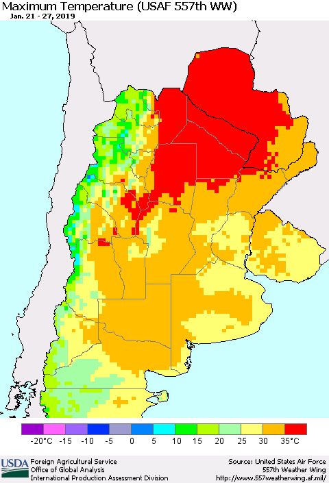 Southern South America Mean Maximum Temperature (USAF 557th WW) Thematic Map For 1/21/2019 - 1/27/2019