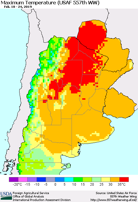Southern South America Mean Maximum Temperature (USAF 557th WW) Thematic Map For 2/18/2019 - 2/24/2019