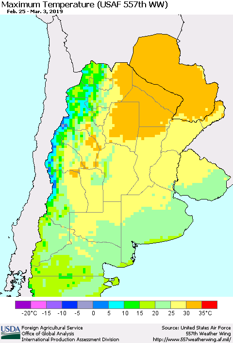 Southern South America Mean Maximum Temperature (USAF 557th WW) Thematic Map For 2/25/2019 - 3/3/2019