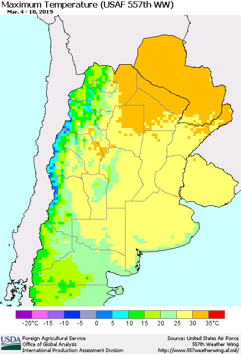 Southern South America Mean Maximum Temperature (USAF 557th WW) Thematic Map For 3/4/2019 - 3/10/2019