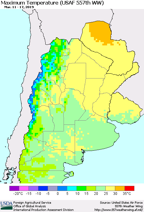 Southern South America Mean Maximum Temperature (USAF 557th WW) Thematic Map For 3/11/2019 - 3/17/2019
