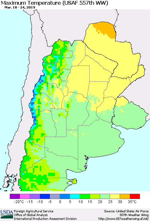 Southern South America Mean Maximum Temperature (USAF 557th WW) Thematic Map For 3/18/2019 - 3/24/2019