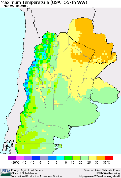 Southern South America Mean Maximum Temperature (USAF 557th WW) Thematic Map For 3/25/2019 - 3/31/2019