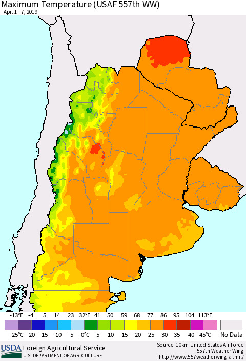 Southern South America Mean Maximum Temperature (USAF 557th WW) Thematic Map For 4/1/2019 - 4/7/2019