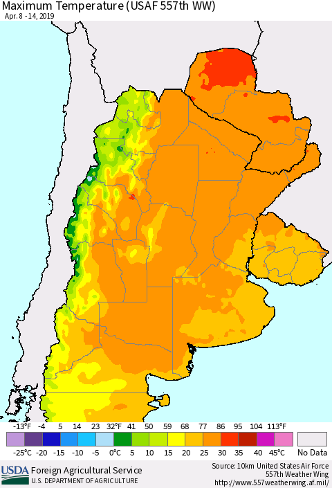 Southern South America Mean Maximum Temperature (USAF 557th WW) Thematic Map For 4/8/2019 - 4/14/2019