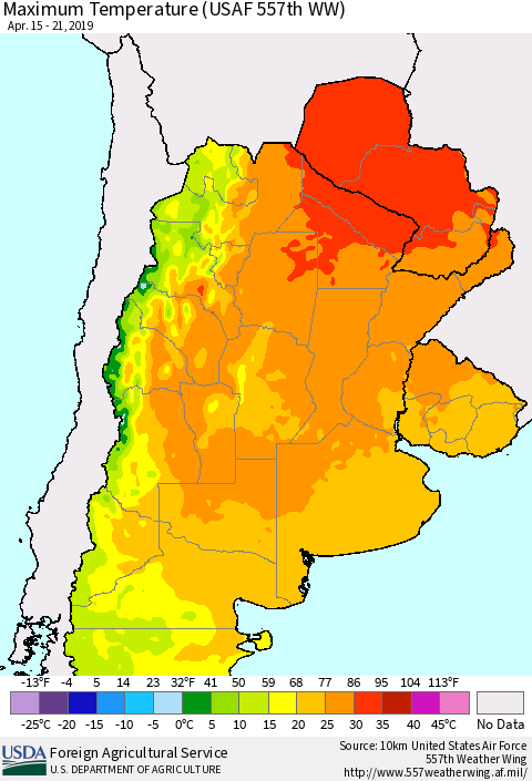 Southern South America Mean Maximum Temperature (USAF 557th WW) Thematic Map For 4/15/2019 - 4/21/2019