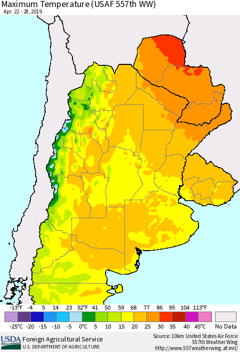Southern South America Mean Maximum Temperature (USAF 557th WW) Thematic Map For 4/22/2019 - 4/28/2019
