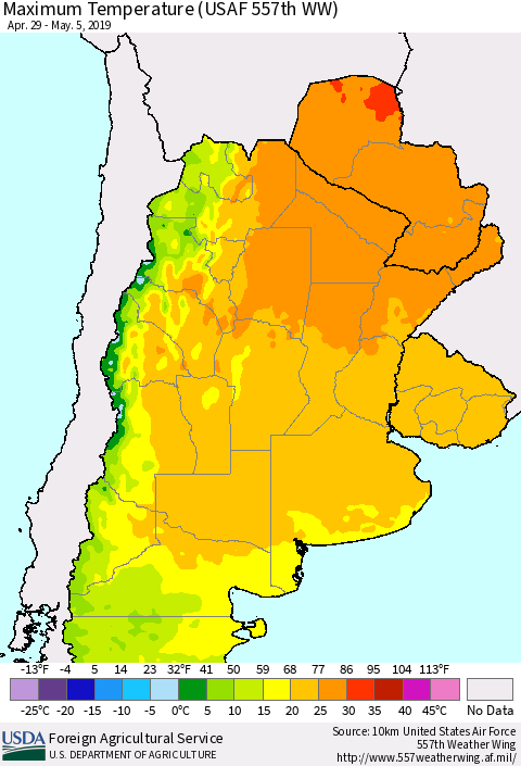 Southern South America Mean Maximum Temperature (USAF 557th WW) Thematic Map For 4/29/2019 - 5/5/2019