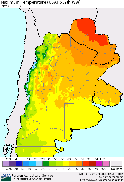 Southern South America Mean Maximum Temperature (USAF 557th WW) Thematic Map For 5/6/2019 - 5/12/2019