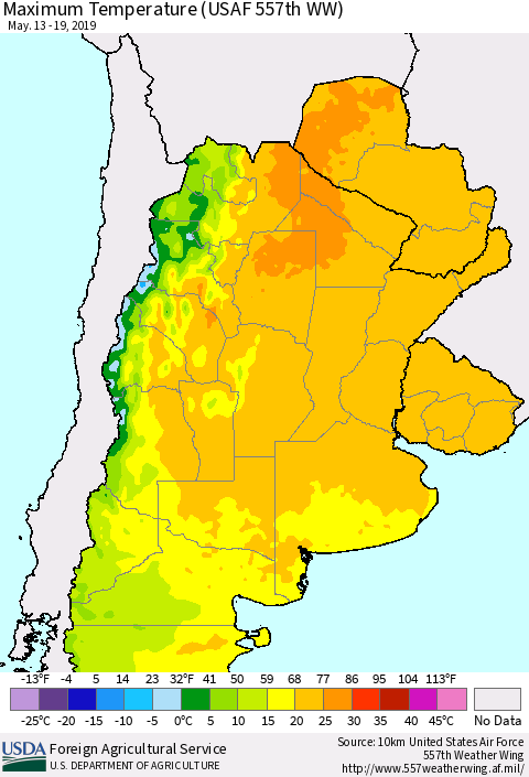 Southern South America Mean Maximum Temperature (USAF 557th WW) Thematic Map For 5/13/2019 - 5/19/2019