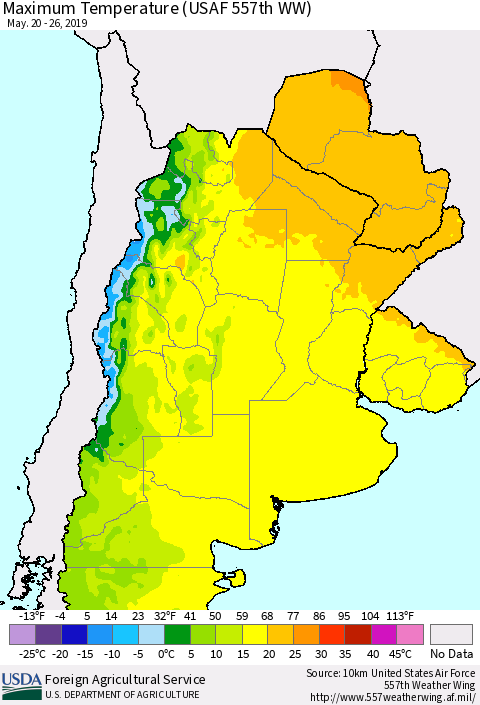 Southern South America Mean Maximum Temperature (USAF 557th WW) Thematic Map For 5/20/2019 - 5/26/2019