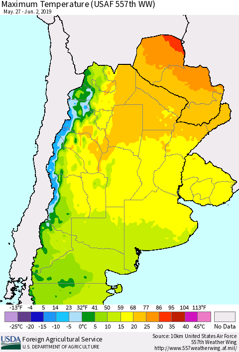 Southern South America Mean Maximum Temperature (USAF 557th WW) Thematic Map For 5/27/2019 - 6/2/2019