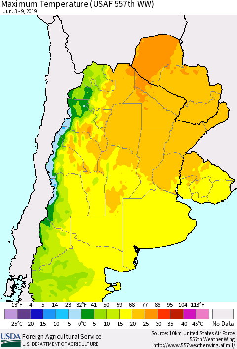 Southern South America Mean Maximum Temperature (USAF 557th WW) Thematic Map For 6/3/2019 - 6/9/2019