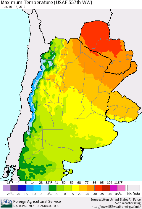 Southern South America Mean Maximum Temperature (USAF 557th WW) Thematic Map For 6/10/2019 - 6/16/2019