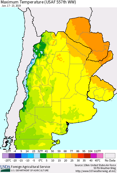 Southern South America Mean Maximum Temperature (USAF 557th WW) Thematic Map For 6/17/2019 - 6/23/2019