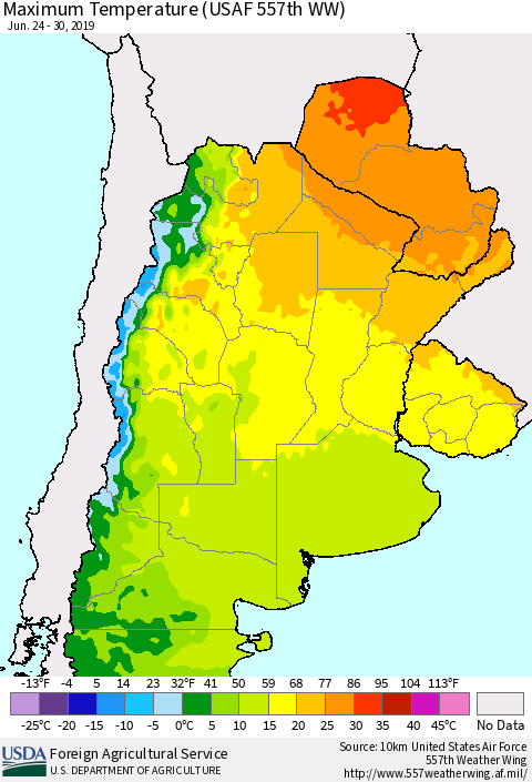 Southern South America Mean Maximum Temperature (USAF 557th WW) Thematic Map For 6/24/2019 - 6/30/2019