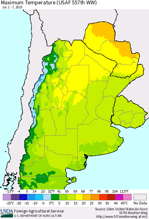 Southern South America Mean Maximum Temperature (USAF 557th WW) Thematic Map For 7/1/2019 - 7/7/2019